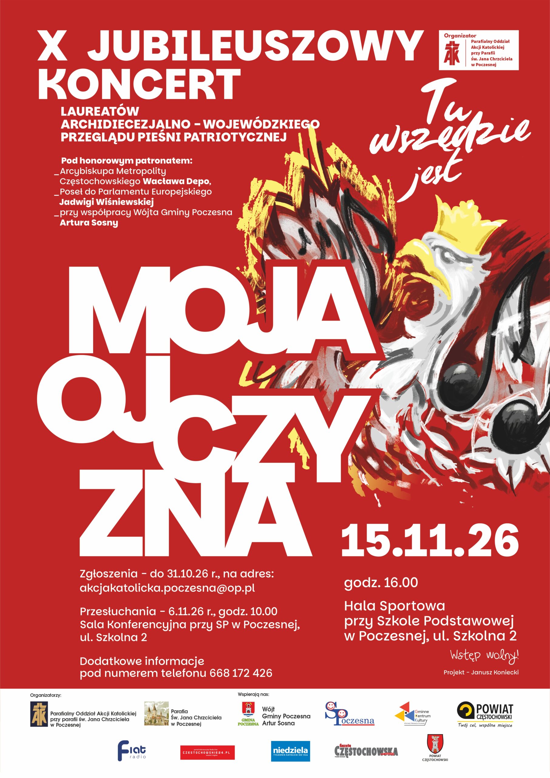 Plakat – X Jubileuszowy Koncert Laureatów Przeglądu Pieśni Patriotycznej „Tu wszędzie jest moja Ojczyzna”, 15.11.2026, Poczesna